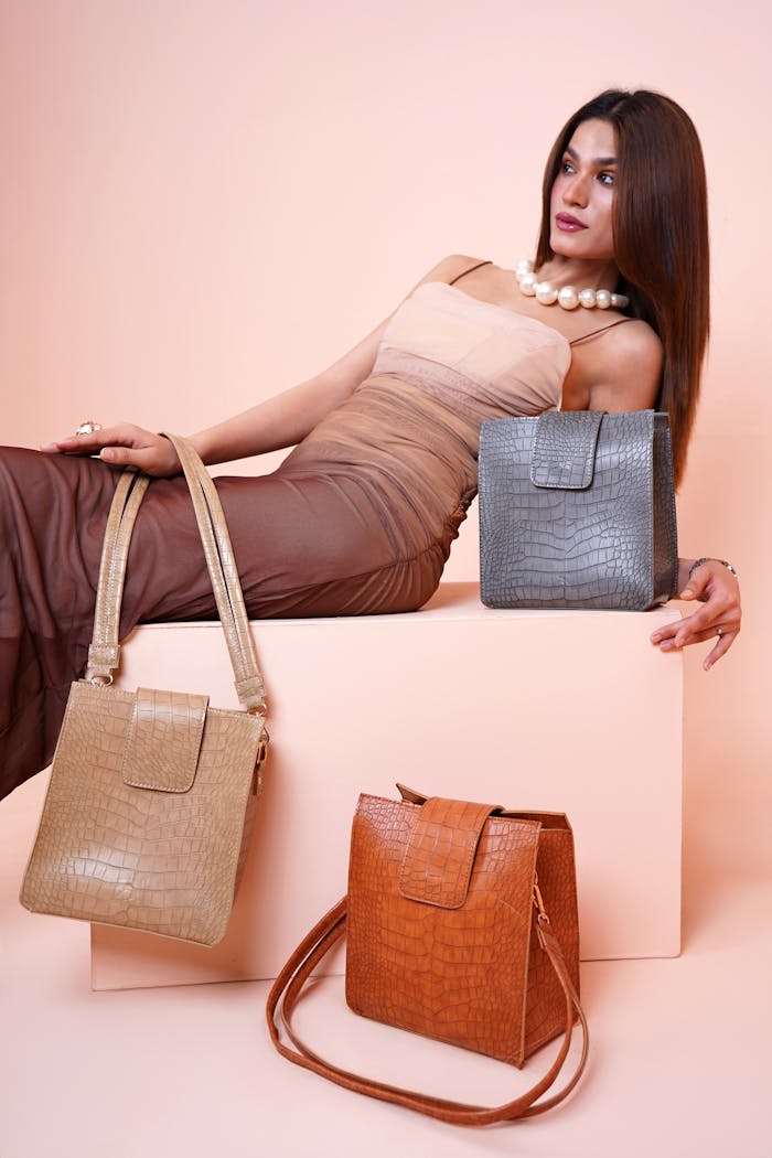 Stylish woman posing with elegant designer handbags in a studio setting.
